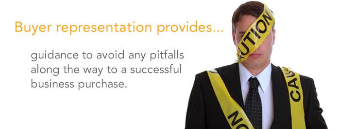 Text stating "Buyer representation provides guidance to avoid any pitfalls along the way to a successful business purchase." A man wearing a suit and wrapped in yellow caution tape is featured | Transition360.